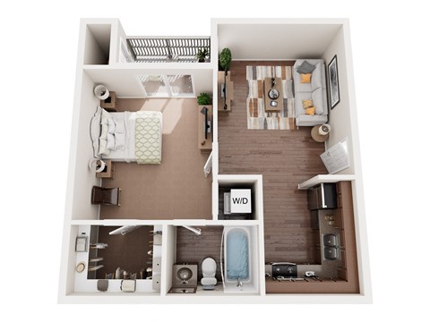 a stylized floor plan with a bedroom and a living room